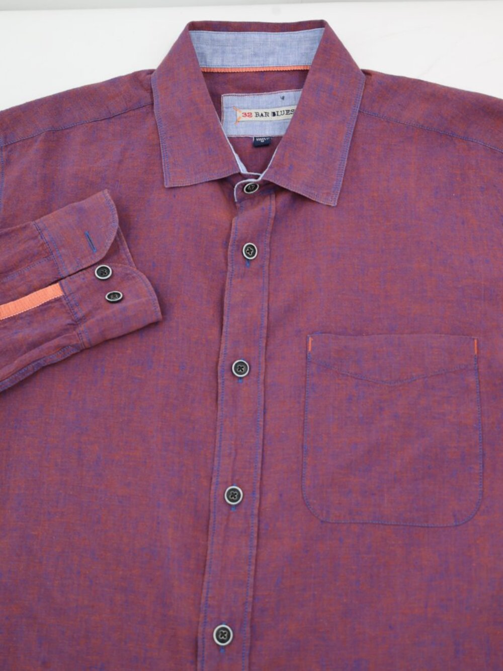 32 Bar Blues Shirt Mens Medium Linen Cotton Blend Button Up Long Sleeve pocket